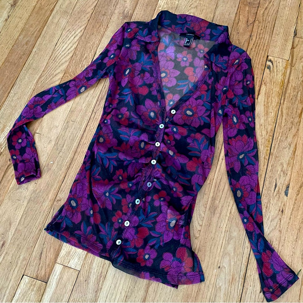 70s floral summer sheer long sleeve slim fit button up festival concert outfit
